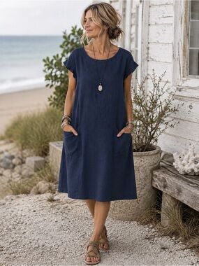 Bryn Walker 100% Linen Navy Made in USA Tunic Dress M Lagenlook Coastal Resort
